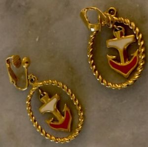 Vintage AVON Gold Tone Red Enamel Anchor Large Clip On Dangle Earrings